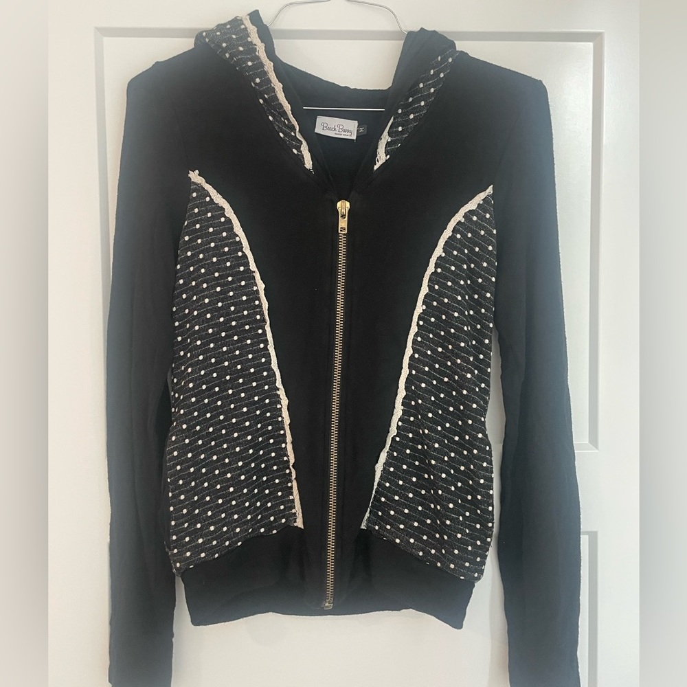 Beach Bunny Hoodie, Black with White Polka Dots, Size M, gold zipper